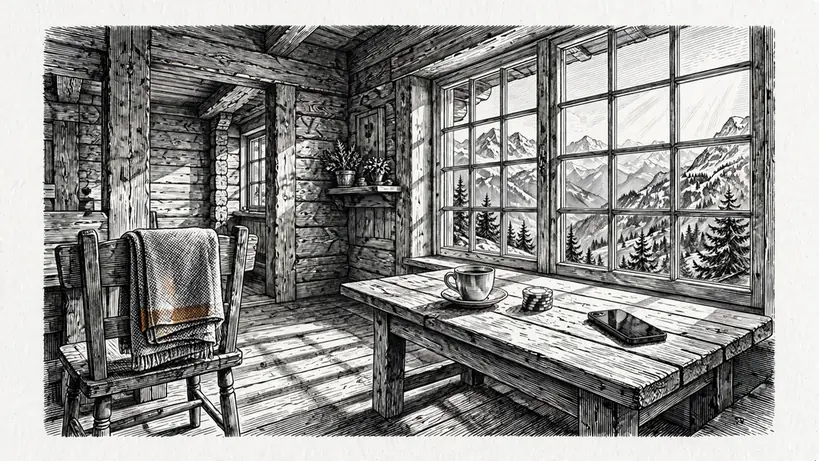 Schweizer Chalet-Innenraum mit Holztisch, Alpenblick, Kaffeetasse, Pokerchip und Smartphone