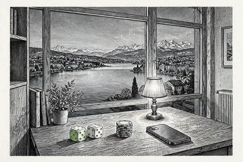 Schweizer Wohnung mit Würfeln und Spielchips am Tisch