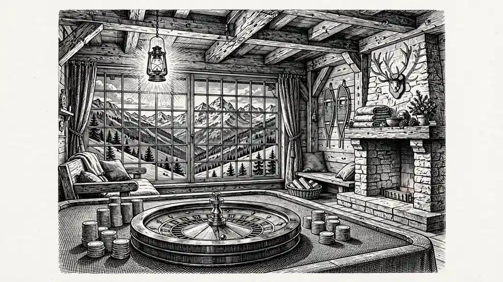 Schweizer Chalet-Interieur mit Roulette-Tisch und Spielchips vor Alpenkulisse
