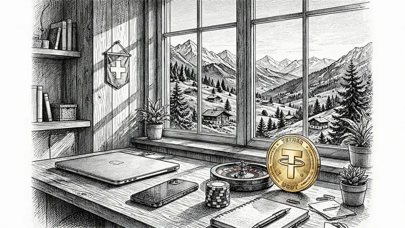 Schweizer Arbeitsplatz mit Tether-Münze, Casino-Chips und Roulette bei Alpenlicht
