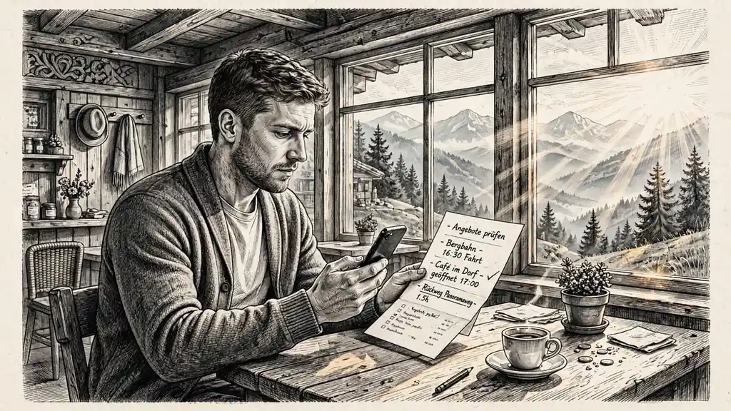 Junger Mann in Schweizer Bergcafé vergleicht Angebote auf dem Smartphone.