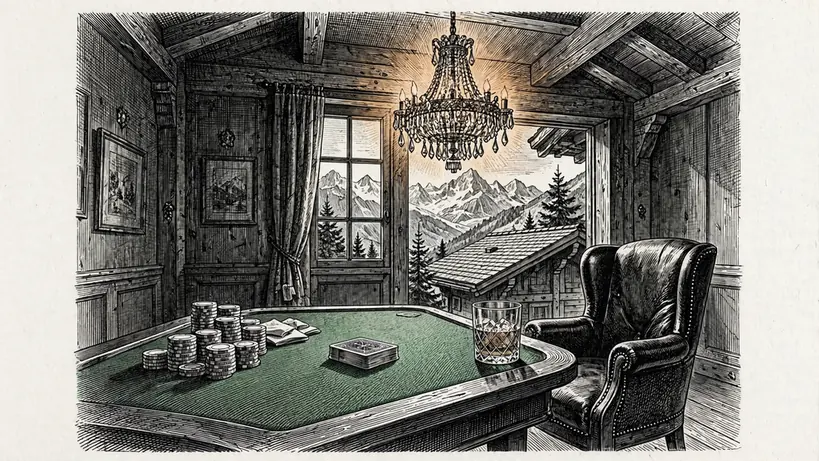 Stimmungsvolles Casinozimmer mit Blackjack-Tisch, Chips und Bergblick durch das Fenster.