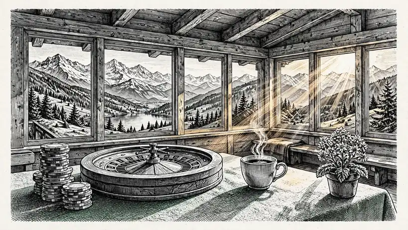Casino-Chips und Roulette-Rad in einem modernen Schweizer Chalet mit Blick auf die Alpen