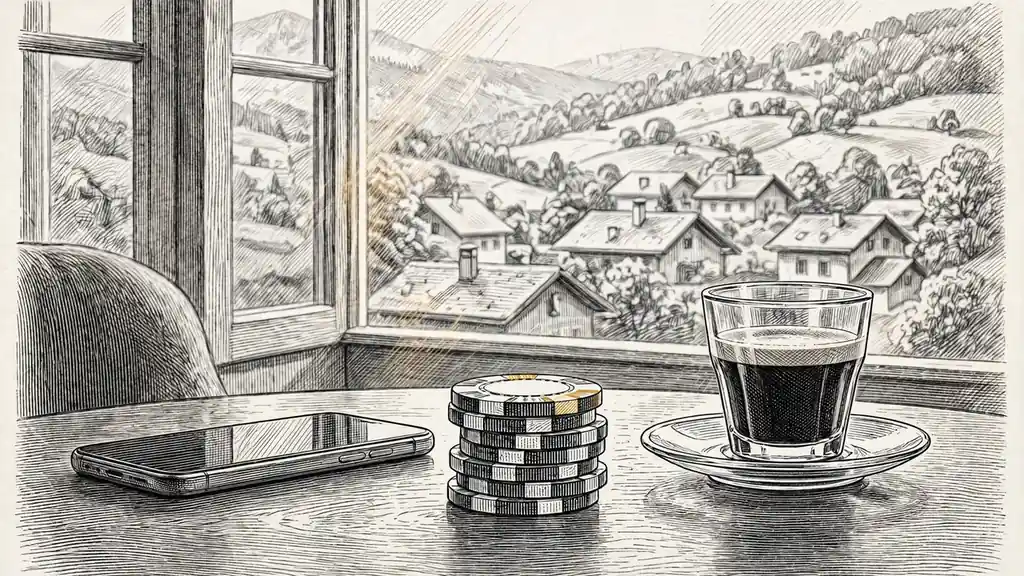Smartphone mit Casino-Chips auf einem Tisch, Schweizer Alpen im Hintergrund.