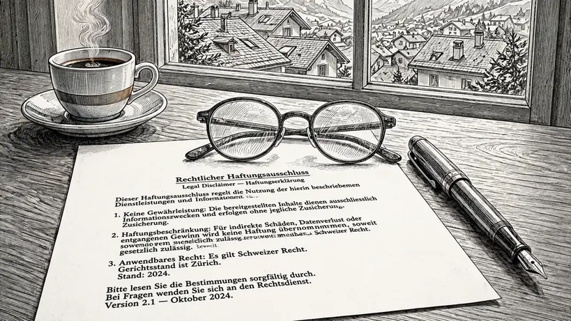Juristischer Haftungshinweis auf einem Schreibtisch mit Kugelschreiber und Brille