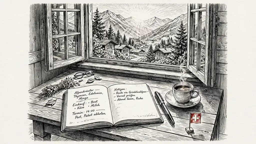 Schreibtisch mit Notizbuch und Schweizer Flagge bei Tageslicht