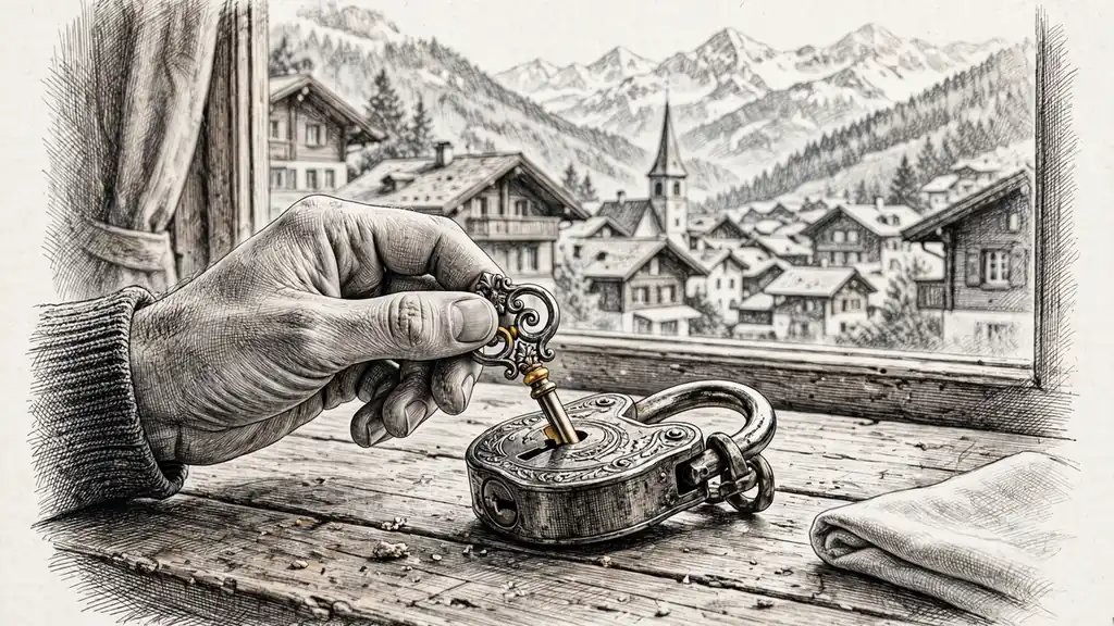 Hand mit Messingschlüssel öffnet Schloss auf Holztisch, Schweizer Bergdorf mit Kirche und Alpen im Hintergrund