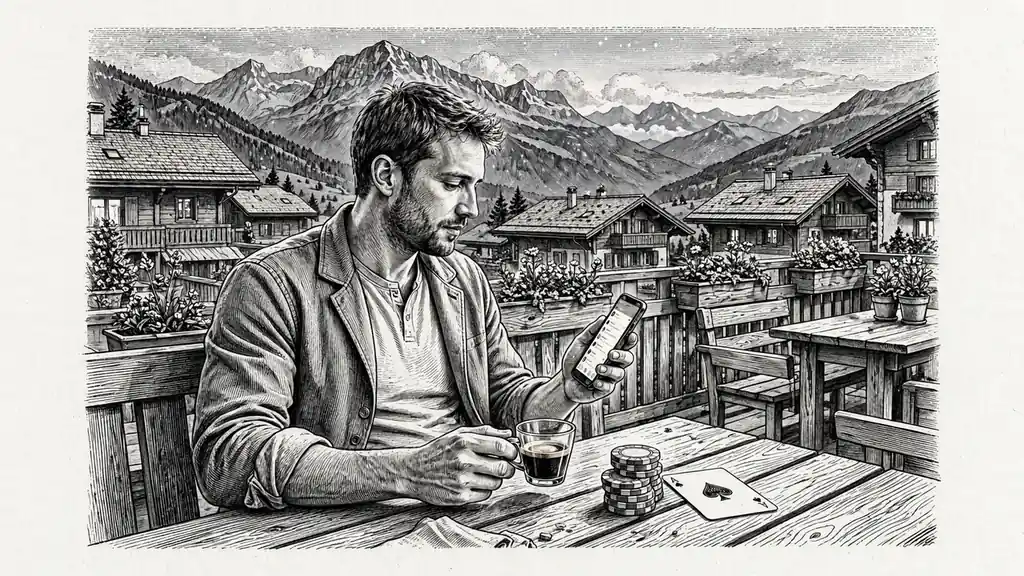 Mann mit Smartphone und Casino-Chips auf Schweizer Alpenterasse am Abend