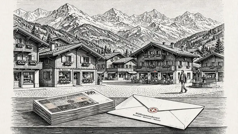 Schweizer Bergdorf mit Stapel Franken und Willkommenskuvert auf einem Tisch