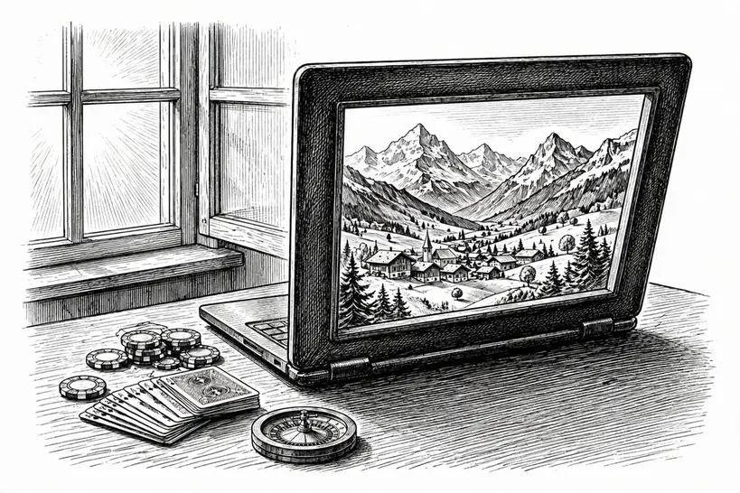 Schweizer Alpenpanorama hinter einem aufgeklappten Laptop, Spielchips und Roulette auf dem Schreibtisch