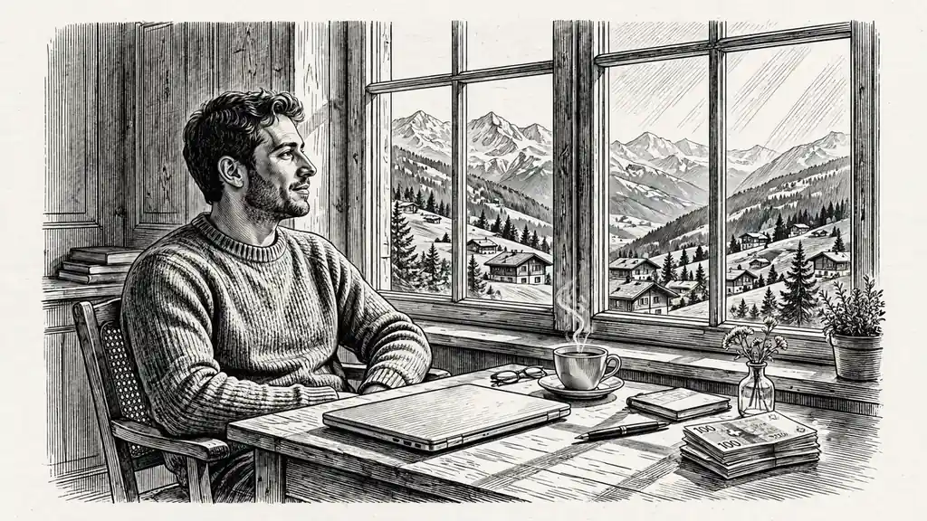 Person am Schreibtisch mit Laptop und Schweizer Franken, Alpenblick