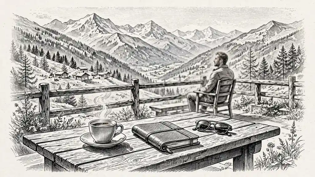 Sonnige Schweizer Alpen-Terrasse mit Kaffeetisch und nachdenklichem Besucher.