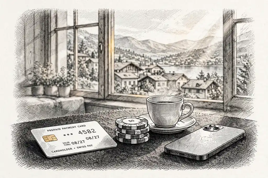 Prepaid-Karte mit Casino-Chips auf Filz, Smartphone und Schweizer Alpenpanorama im Hintergrund