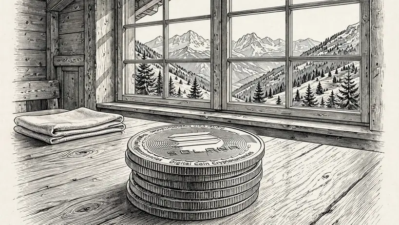 Solana-Münzen auf einem Holztisch mit Schweizer Alpenpanorama im Fenster