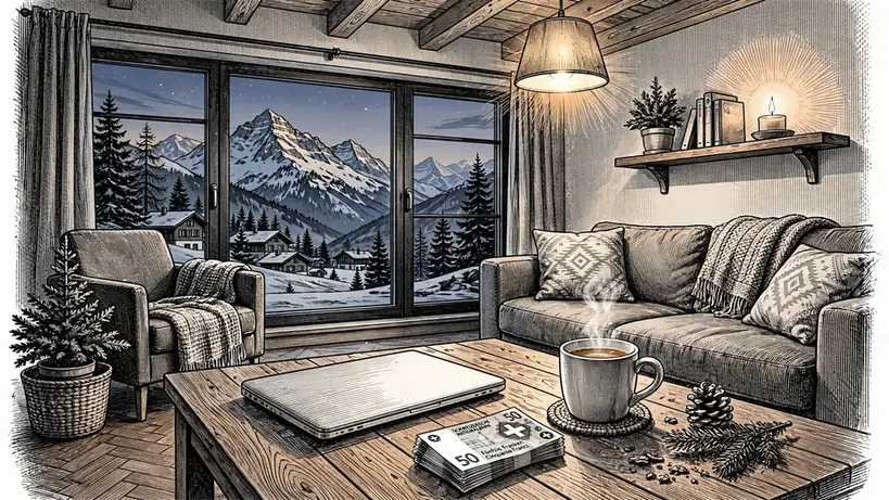 Schweizer Wohnzimmer mit Laptop, Schweizer Franken und Alpenblick.