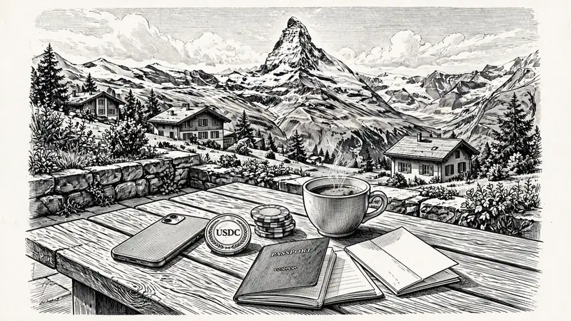 Schweizer Alpenterrasse mit Smartphone, USDC-Münze und Casino-Chips auf einem Holztisch
