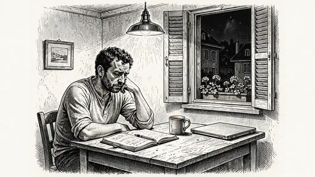 Mann allein am Küchentisch mit Notizbuch spät in der Nacht.