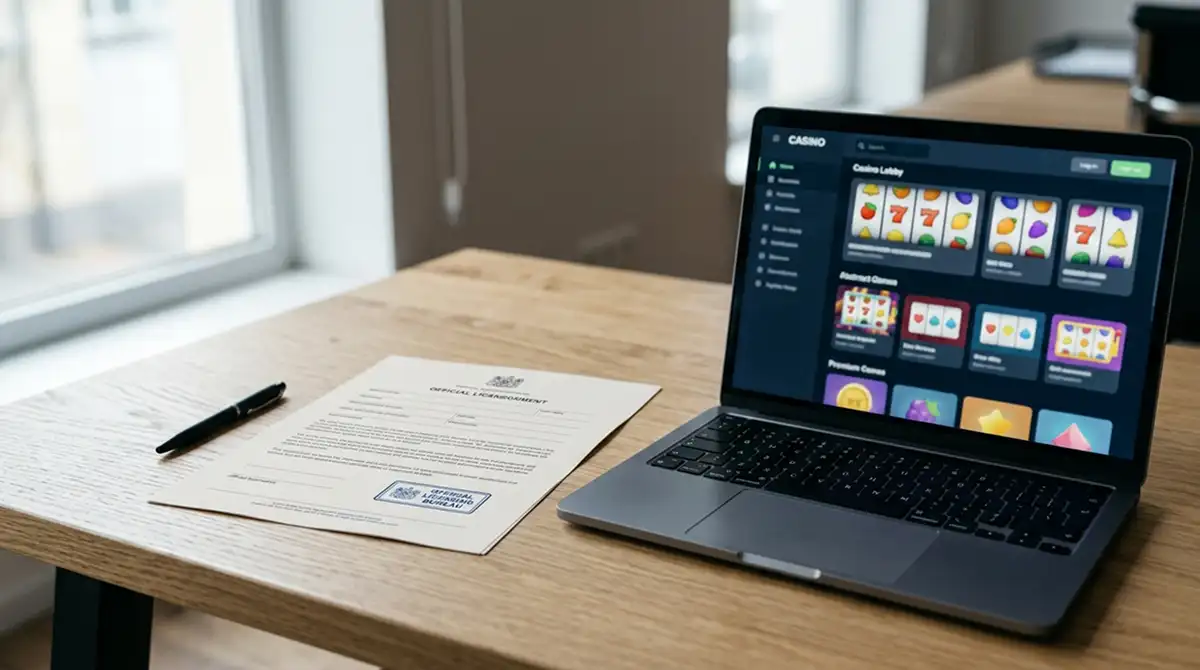 Beste Online Casinos ohne Schweizer Lizenz 2026 Symbolbild mit Lizenzdokument und Laptop